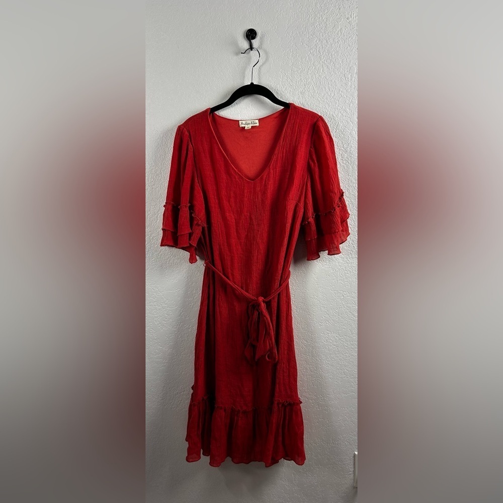 Indigo Rose Women’s Midi Dress Ruffle Bell Short Sleeves V Neck Bohemian Sz S